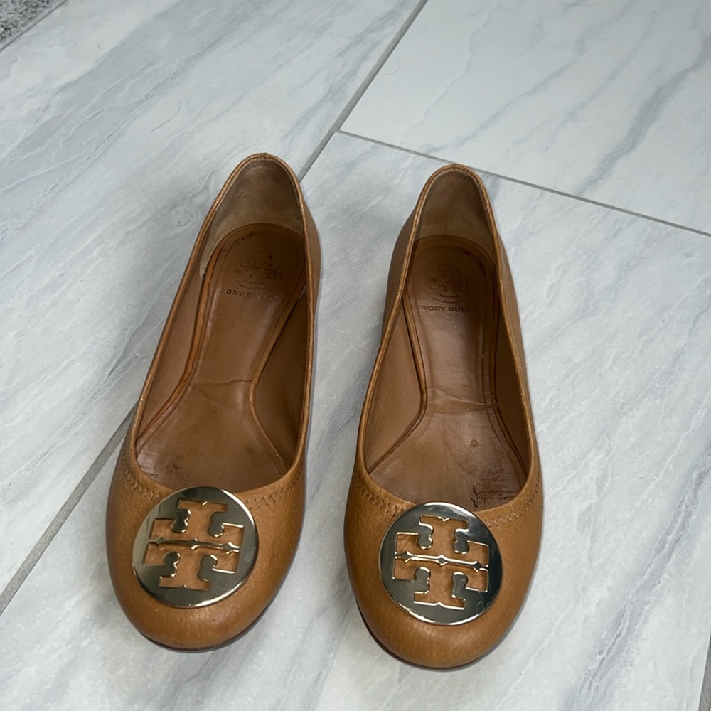 Tory Burch Tan Flats with Gold Logo